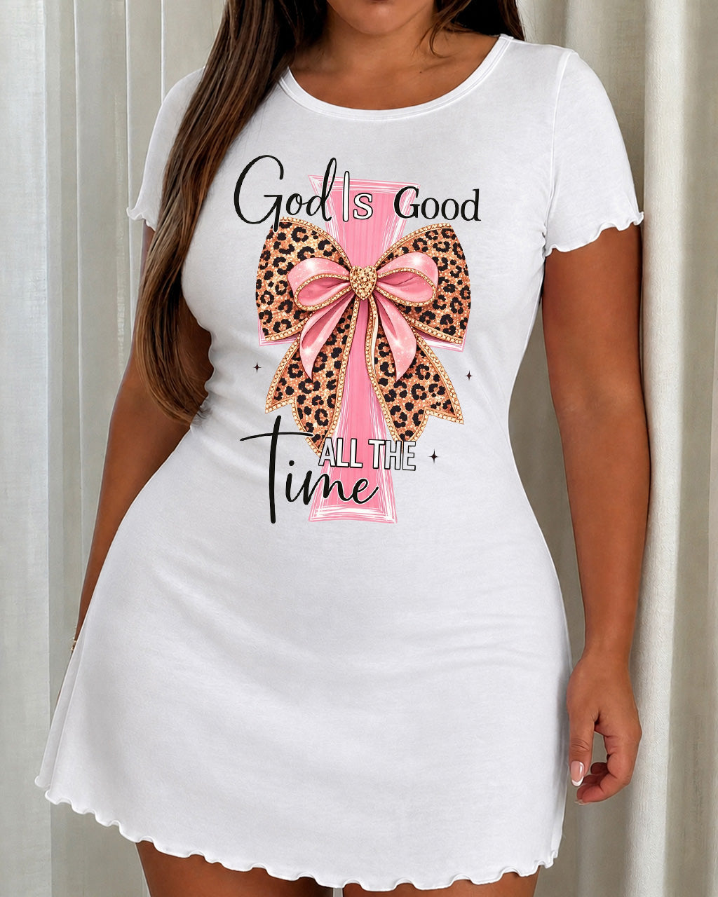 "God Is Good All The Time" Leopard Bow Cross Print Nightdress (XS-5XL) OMFORT
