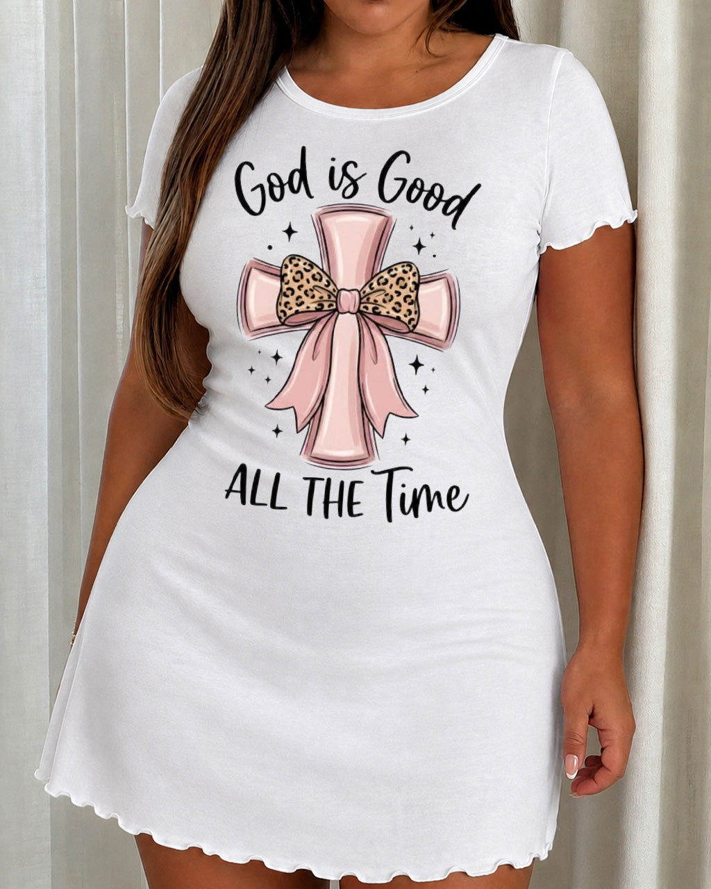 "God Is Good All The Time" Pink Cross Leopard Bow Print Nightdress (XS-5XL) OMFORT