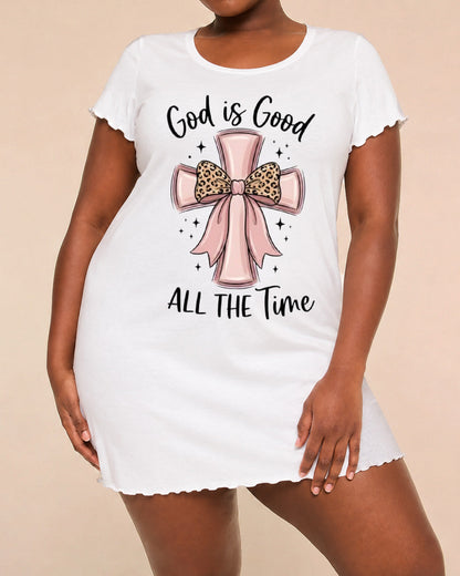 "God Is Good All The Time" Pink Cross Leopard Bow Print Nightdress (XS-5XL) OMFORT