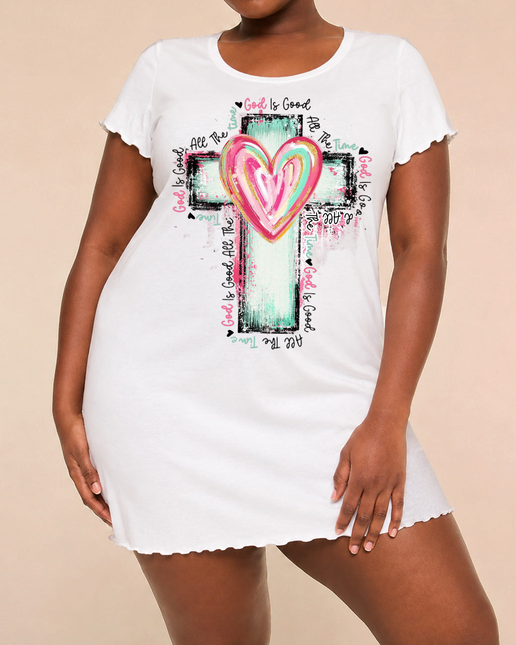 "God Is Good All The Time" Multicolor Heart Cross Print Nightdress (XS-5XL) OMFORT