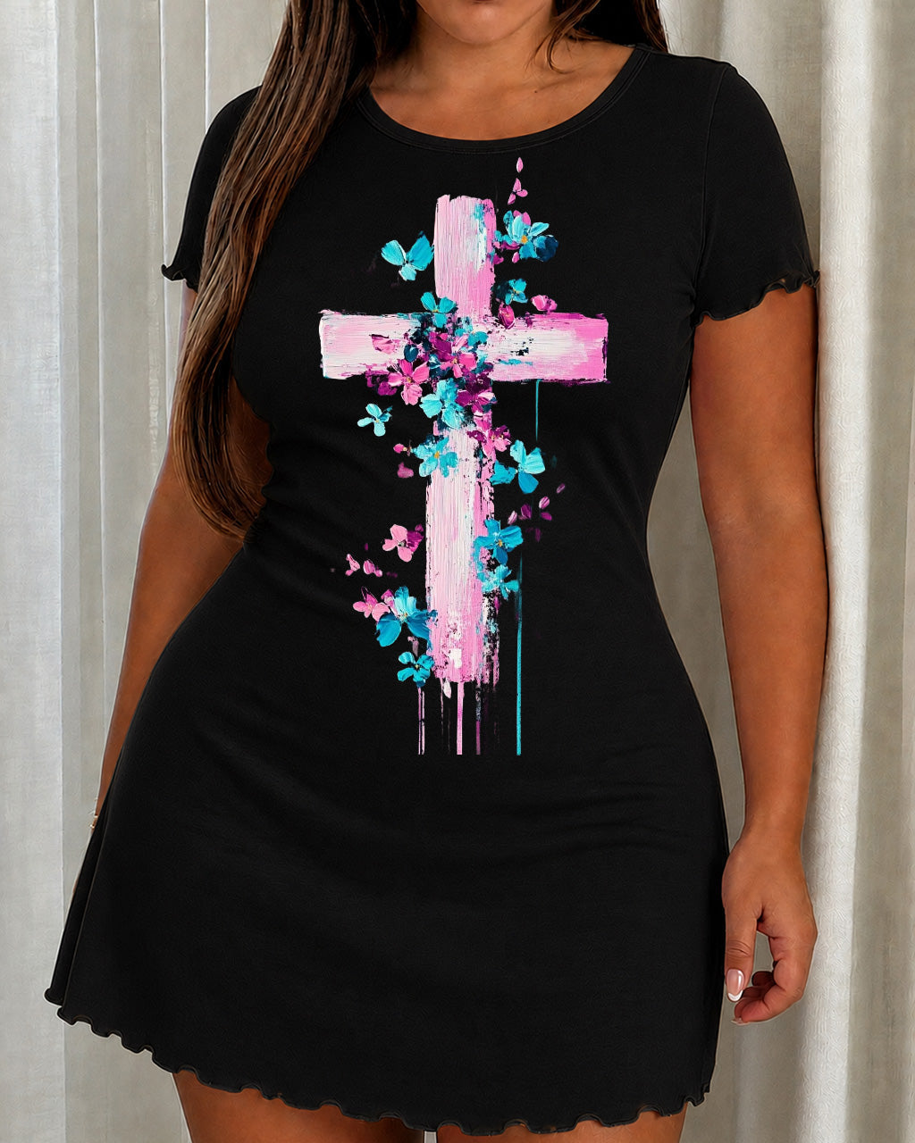Pink Blue Floral Brushstroke Cross Print Nightdress (XS-5XL) OMFORT