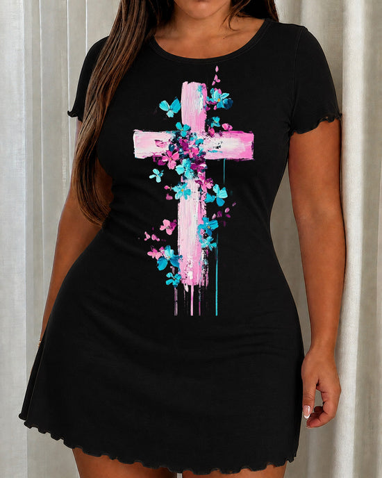 Pink Blue Floral Brushstroke Cross Print Nightdress (XS-5XL) OMFORT