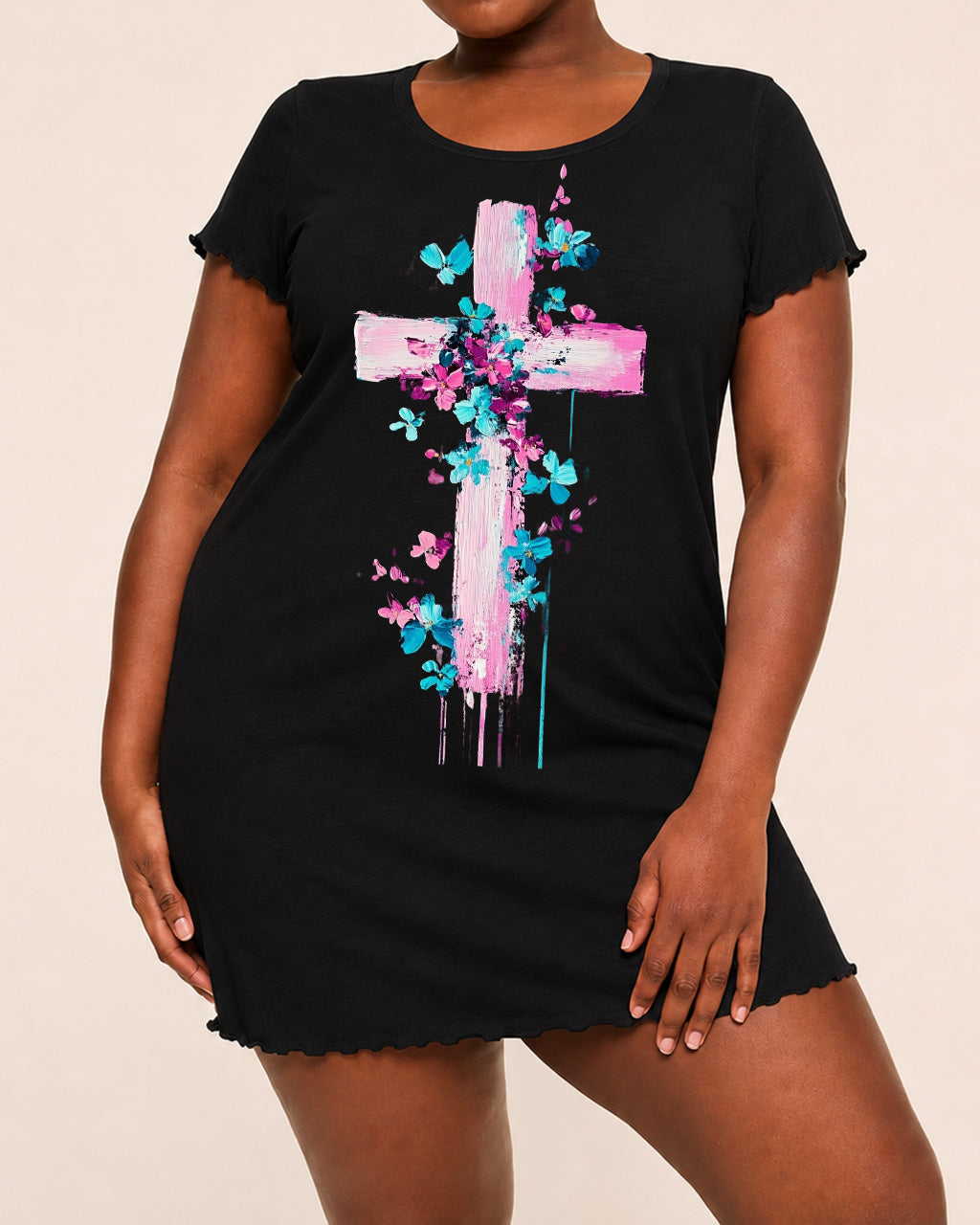 Pink Blue Floral Brushstroke Cross Print Nightdress (XS-5XL) OMFORT