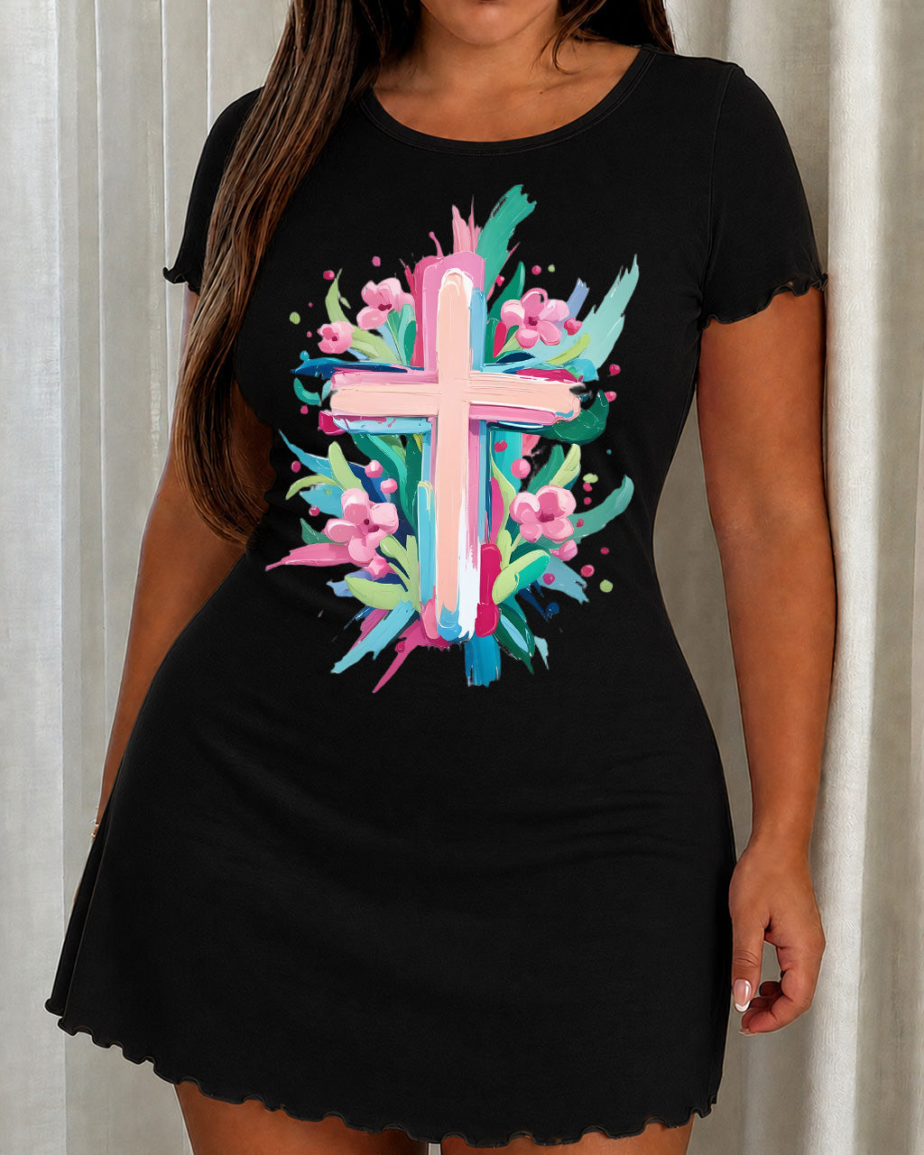 Multicolor Floral Paint Cross Print Nightdress (XS-5XL) OMFORT
