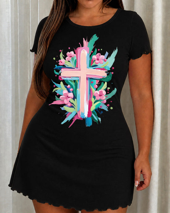 Multicolor Floral Paint Cross Print Nightdress (XS-5XL) OMFORT
