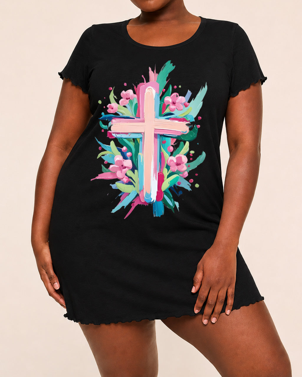 Multicolor Floral Paint Cross Print Nightdress (XS-5XL) OMFORT