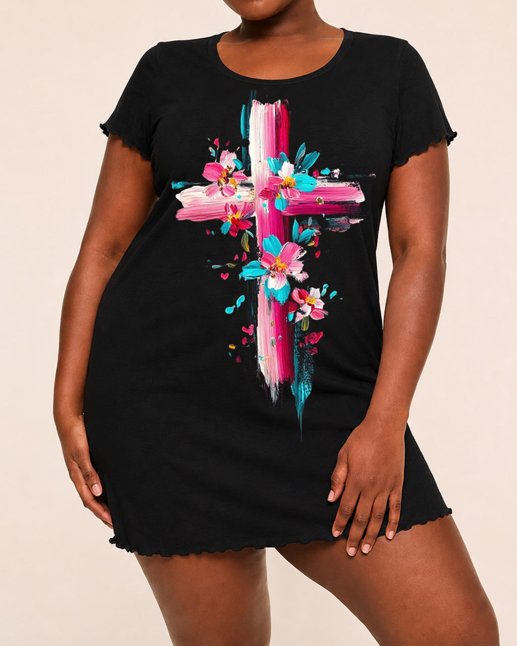 Vibrant Floral Brush Art Cross Print Nightdress (XS-5XL) OMFORT