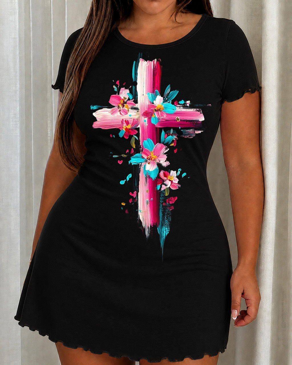 Vibrant Floral Brush Art Cross Print Nightdress (XS-5XL) OMFORT