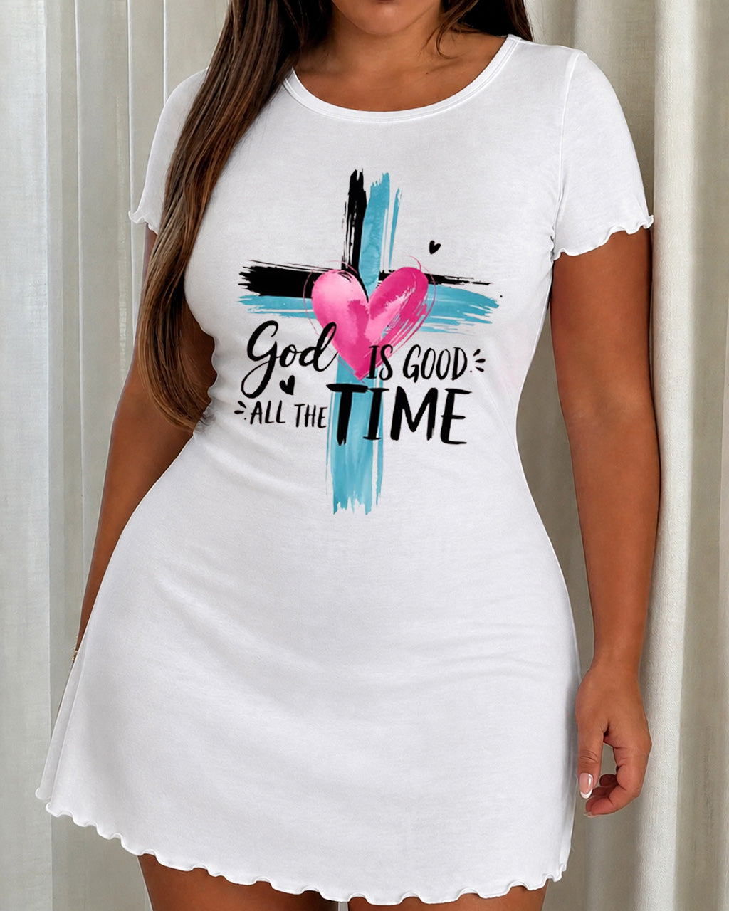 "God Is Good All The Time" Brush Cross Heart Print Nightdress (XS-5XL) OMFORT