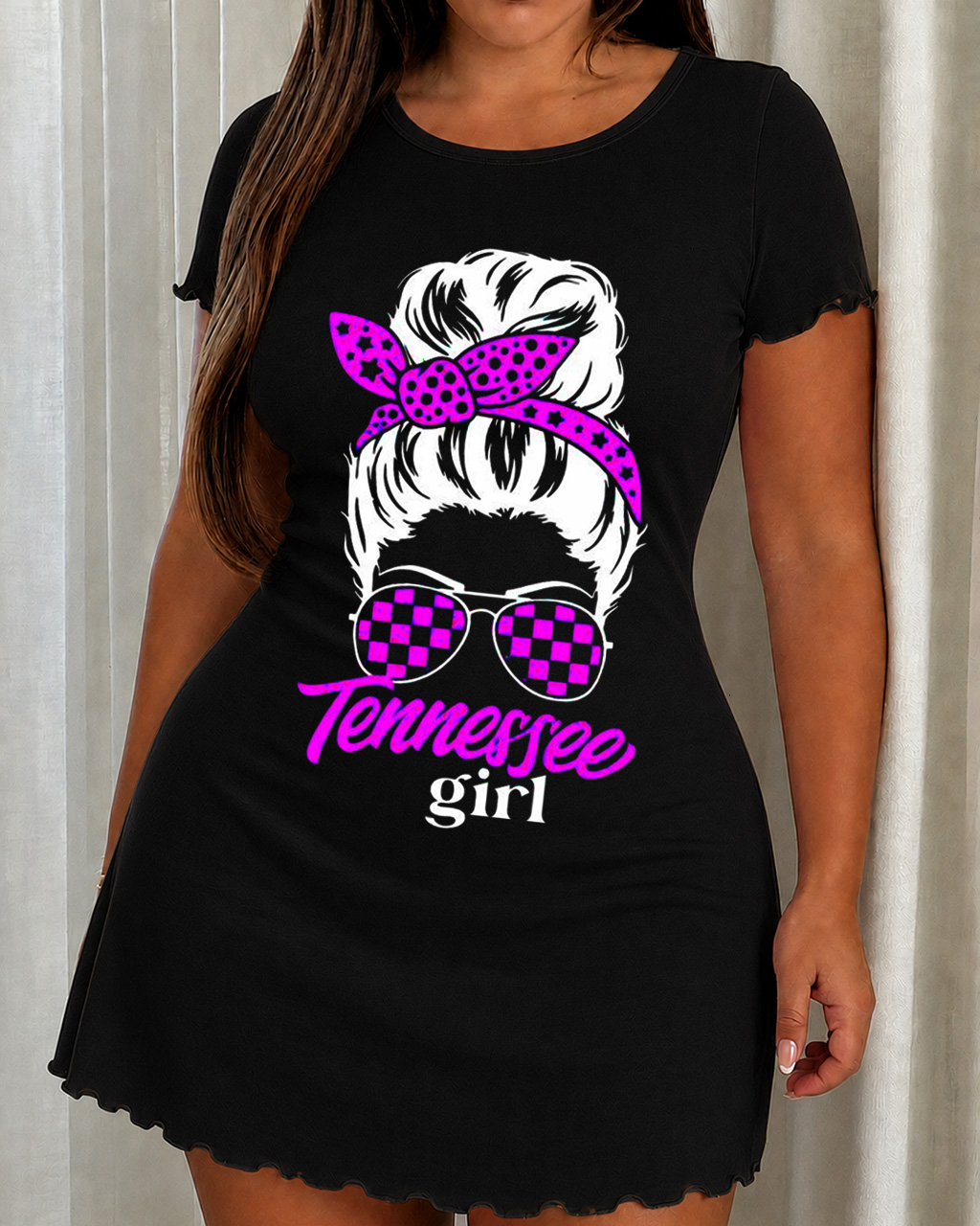 Tennessee Girl Messy Bun Checker Sunglasses Print Nightdress (XS-5XL) OMFORT