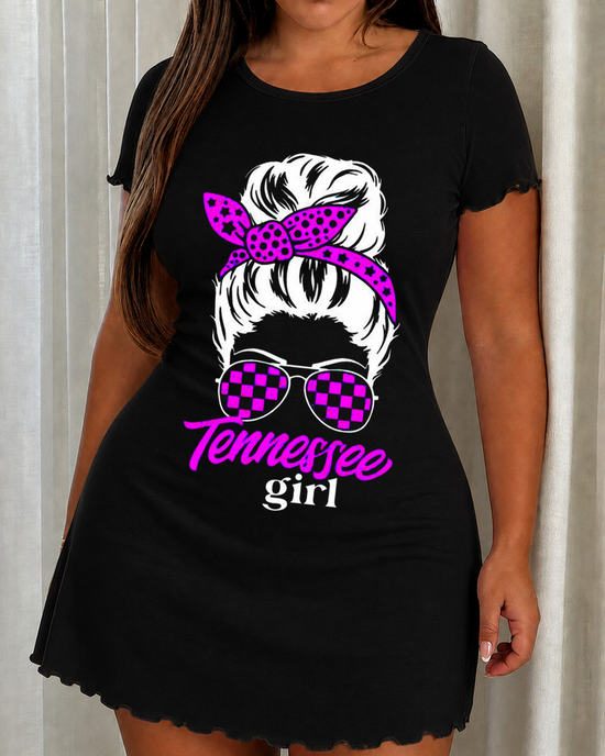 Tennessee Girl Messy Bun Checker Sunglasses Print Nightdress (XS-5XL) OMFORT