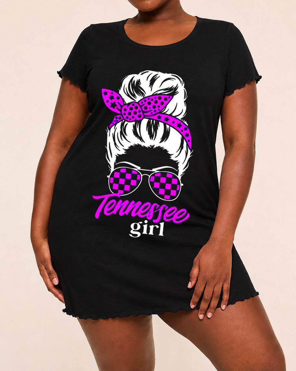 Tennessee Girl Messy Bun Checker Sunglasses Print Nightdress (XS-5XL) OMFORT