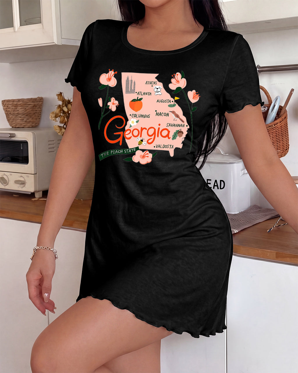 Georgia State Map City Floral Peach Print Nightdress (XS-5XL) OMFORT