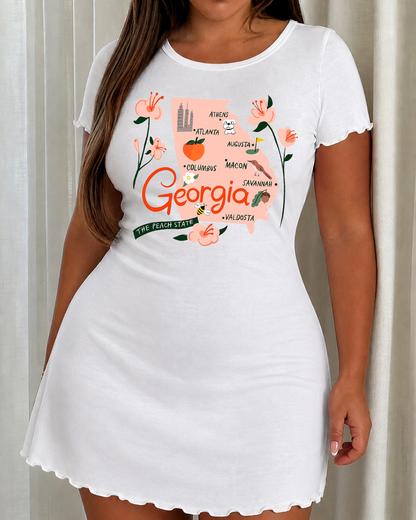 Georgia State Map City Floral Peach Print Nightdress (XS-5XL) OMFORT