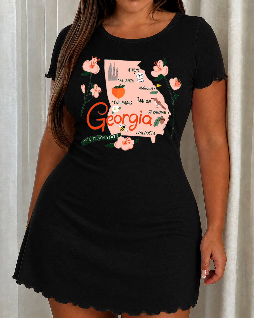 Georgia State Map City Floral Peach Print Nightdress (XS-5XL) OMFORT