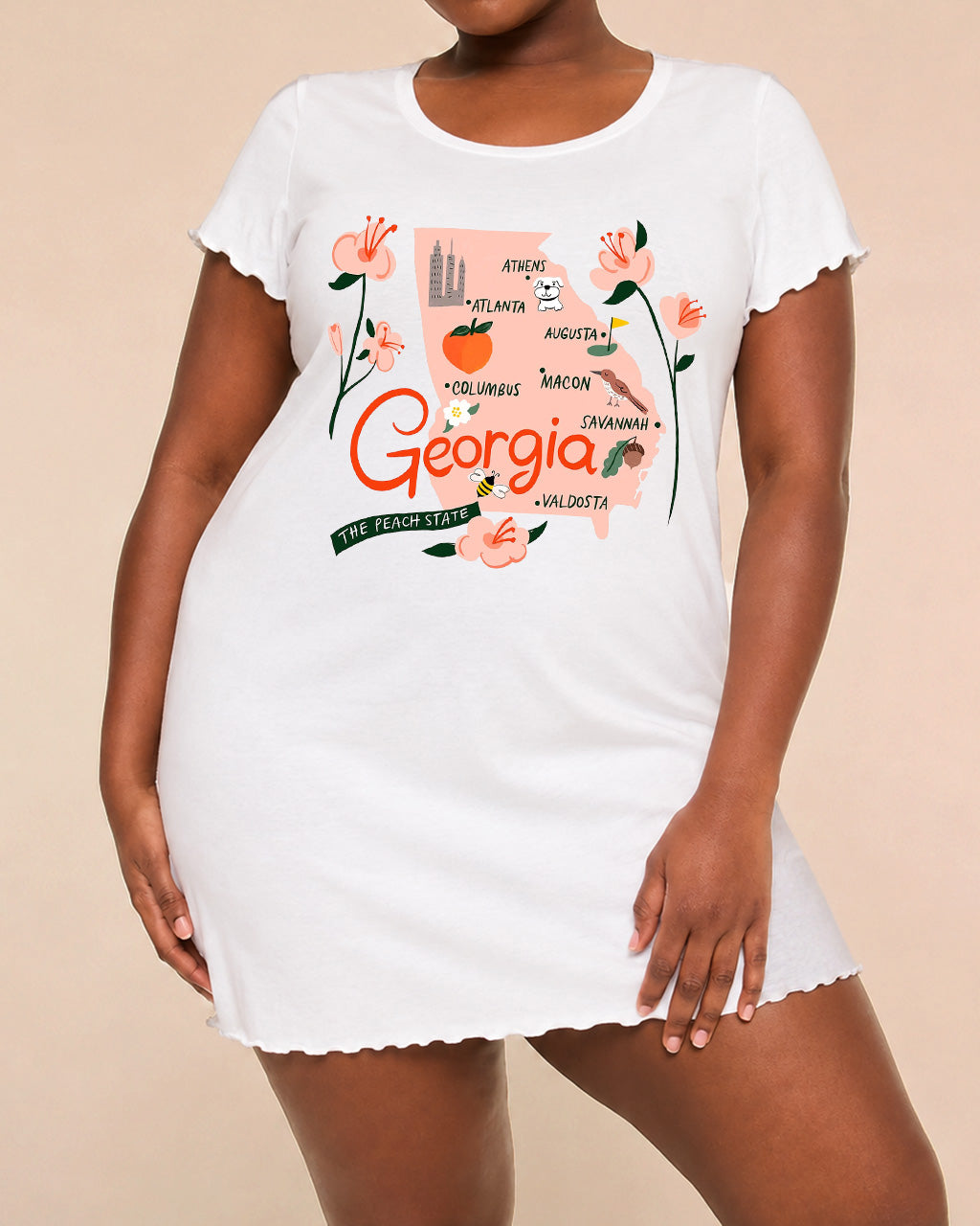 Georgia State Map City Floral Peach Print Nightdress (XS-5XL) OMFORT