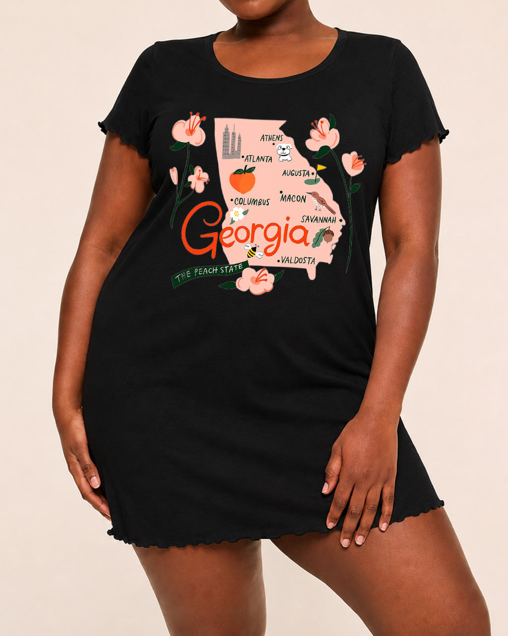Georgia State Map City Floral Peach Print Nightdress (XS-5XL) OMFORT