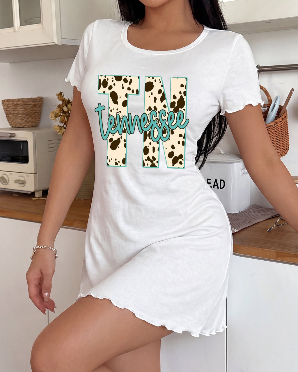 Cow Print TN Tennessee Letter Print Nightdress (XS-5XL) OMFORT