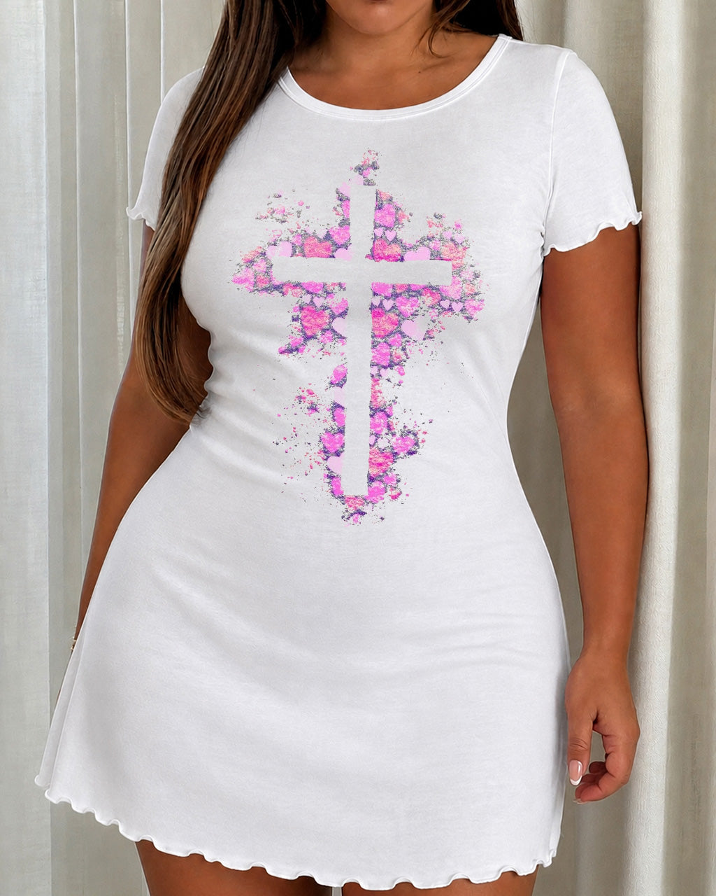Pink Splash Heart Graffiti Cross Print Nightdress (XS-5XL) OMFORT