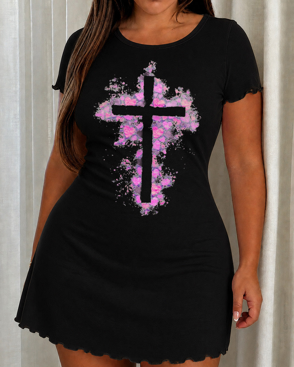 Pink Splash Heart Graffiti Cross Print Nightdress (XS-5XL) OMFORT
