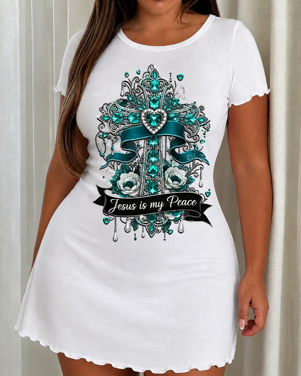Teal Gem Floral "Jesus Is My Peace" Cross Print Nightdress (XS-5XL) OMFORT