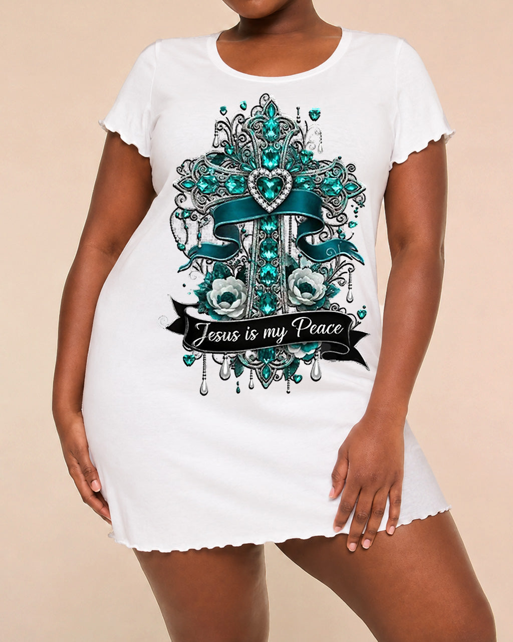 Teal Gem Floral "Jesus Is My Peace" Cross Print Nightdress (XS-5XL) OMFORT