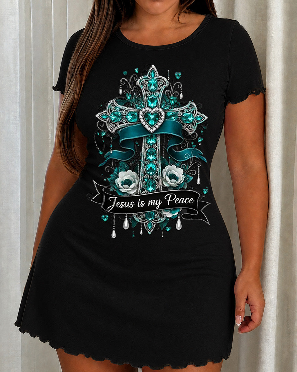 Teal Gem Floral "Jesus Is My Peace" Cross Print Nightdress (XS-5XL) OMFORT