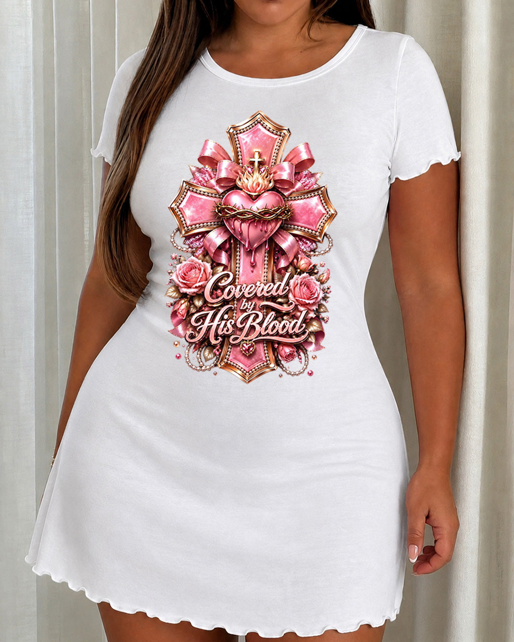 Pink Bow Sacred Heart "Covered by His Blood" Cross Print Nightdress (XS-5XL) OMFORT