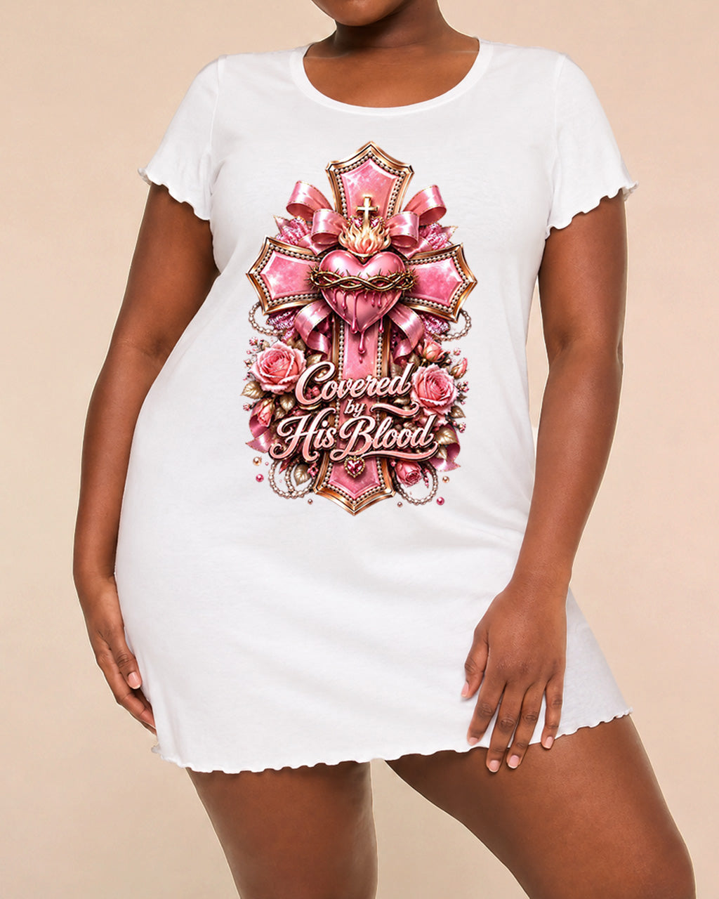 Pink Bow Sacred Heart "Covered by His Blood" Cross Print Nightdress (XS-5XL) OMFORT