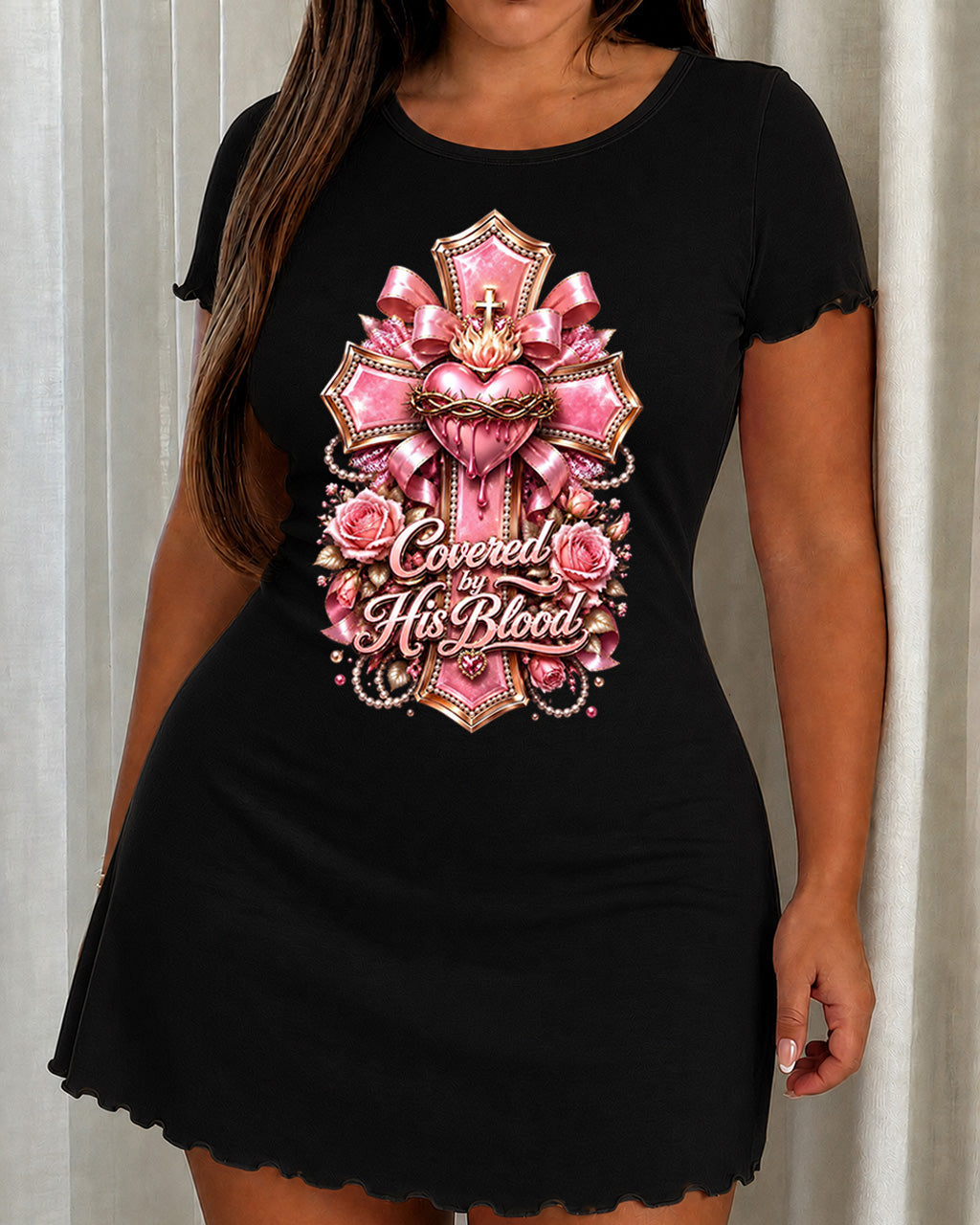 Pink Bow Sacred Heart "Covered by His Blood" Cross Print Nightdress (XS-5XL) OMFORT