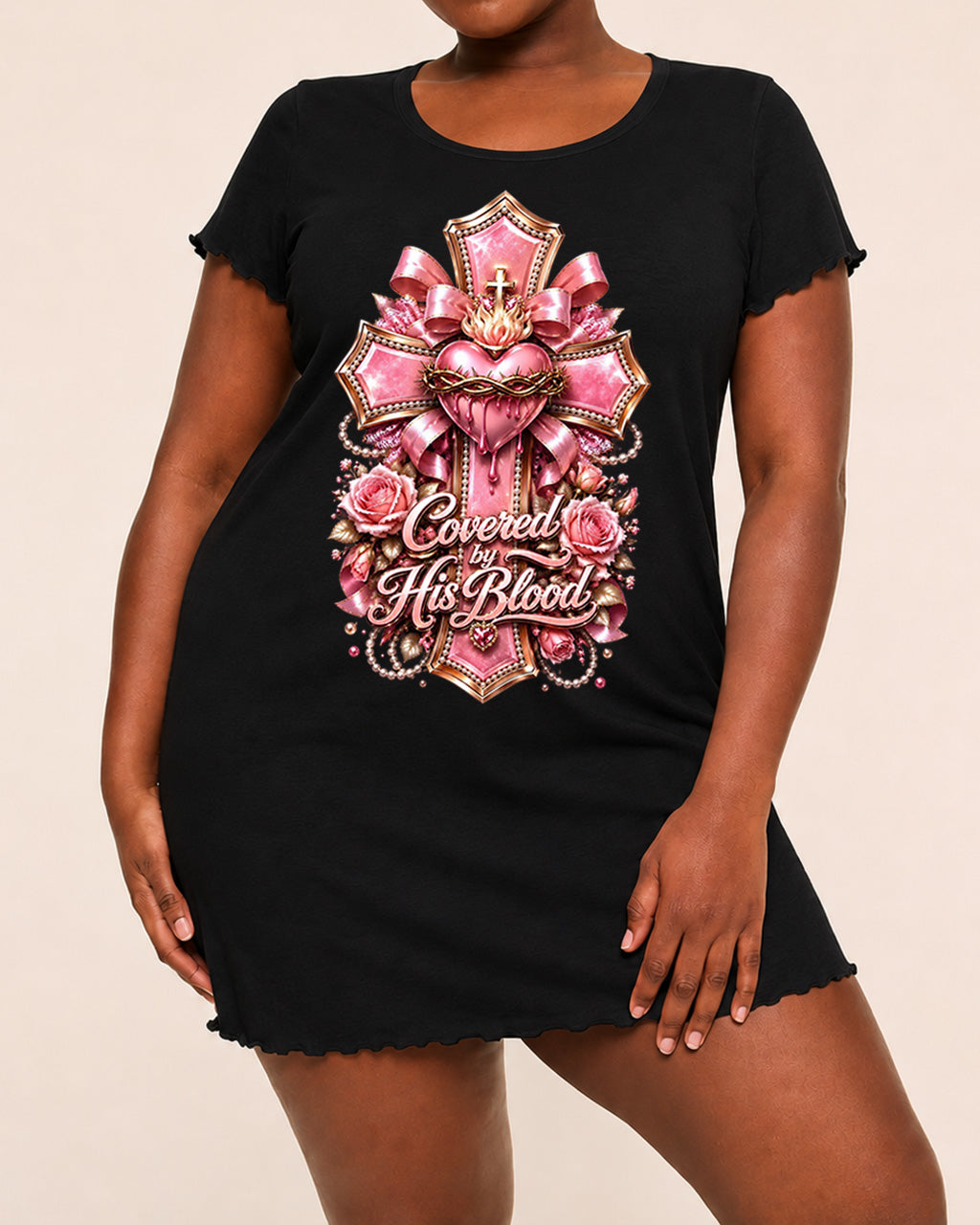 Pink Bow Sacred Heart "Covered by His Blood" Cross Print Nightdress (XS-5XL) OMFORT