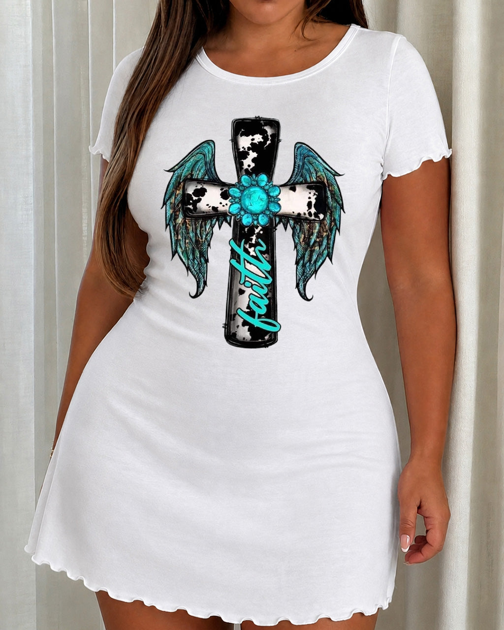 Cow Print Turquoise Wing "Faith" Cross Print Nightdress (XS-5XL) OMFORT