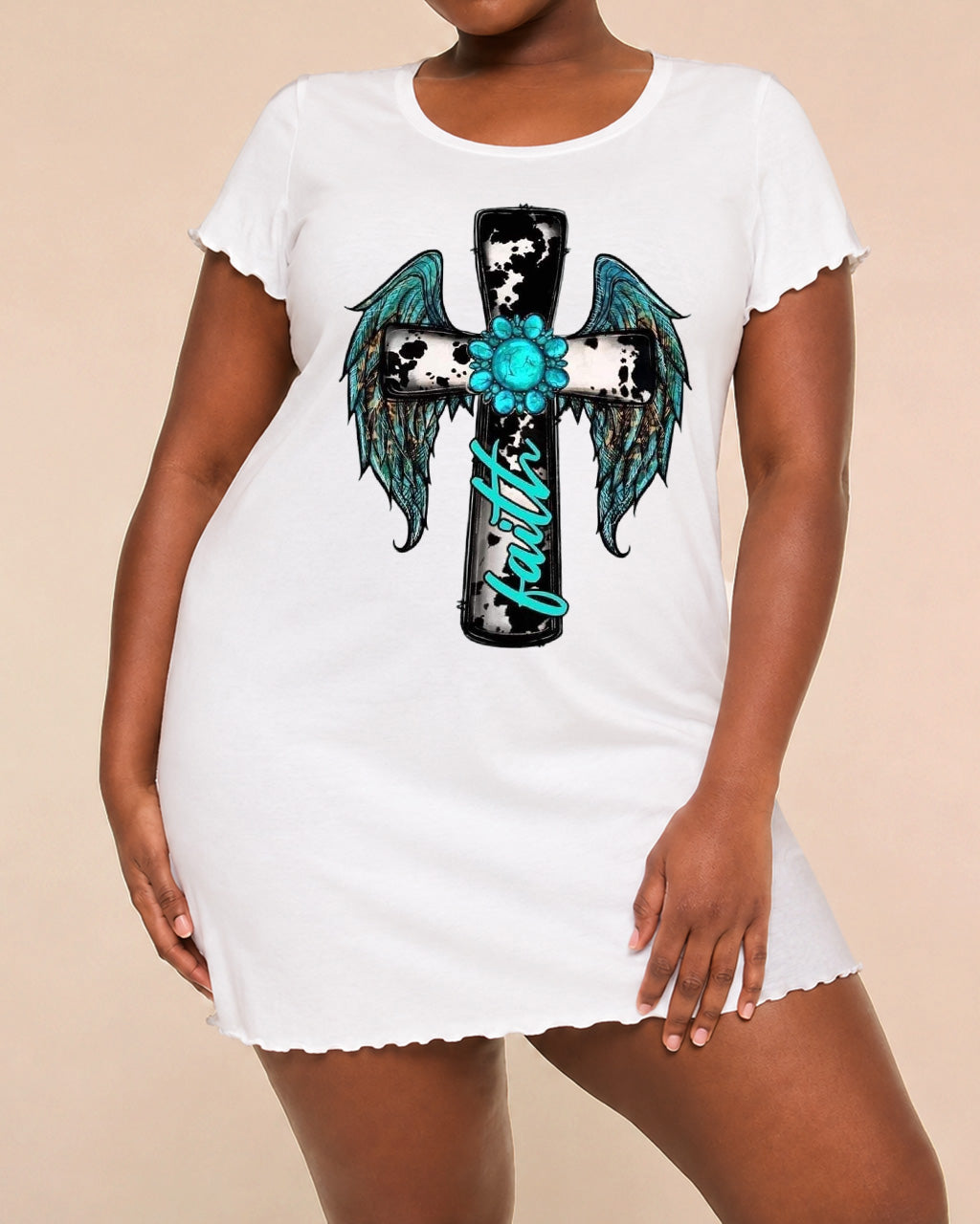 Cow Print Turquoise Wing "Faith" Cross Print Nightdress (XS-5XL) OMFORT
