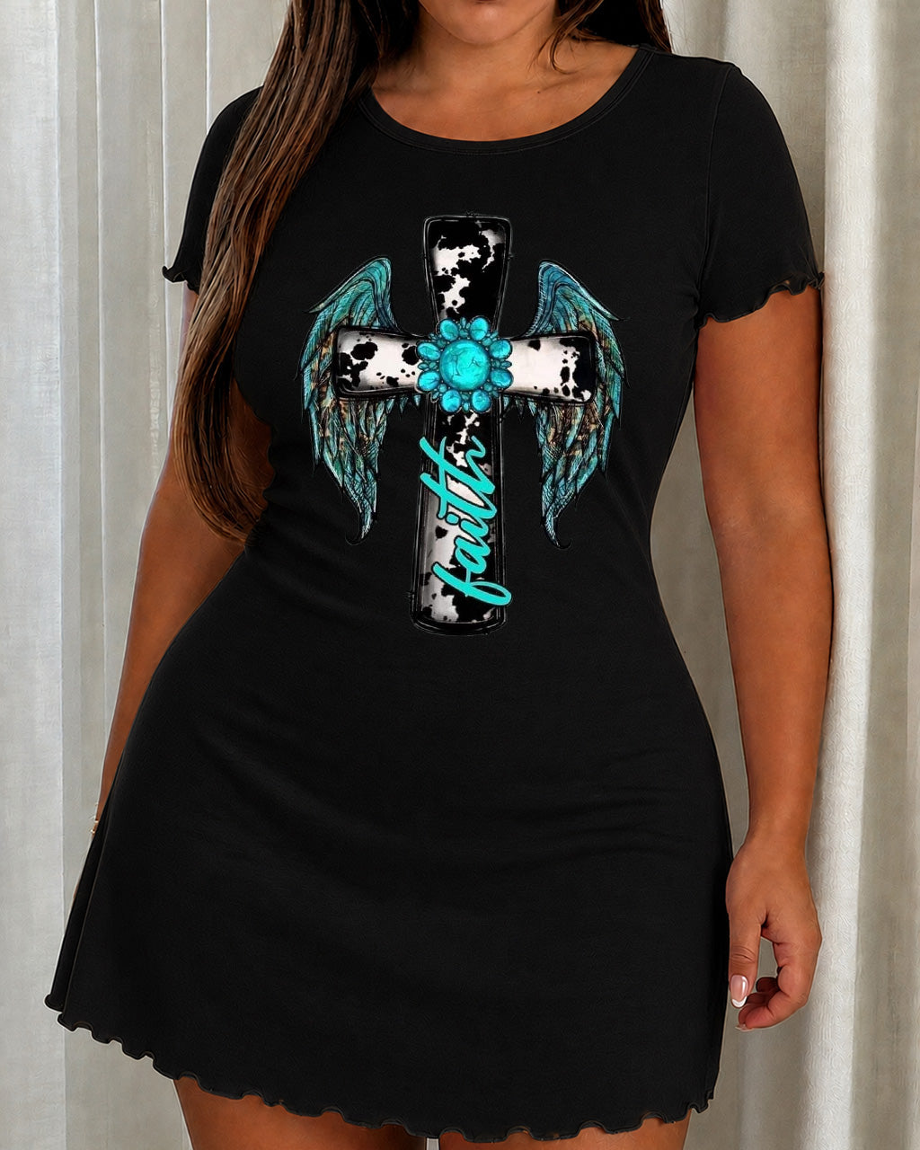 Cow Print Turquoise Wing "Faith" Cross Print Nightdress (XS-5XL) OMFORT