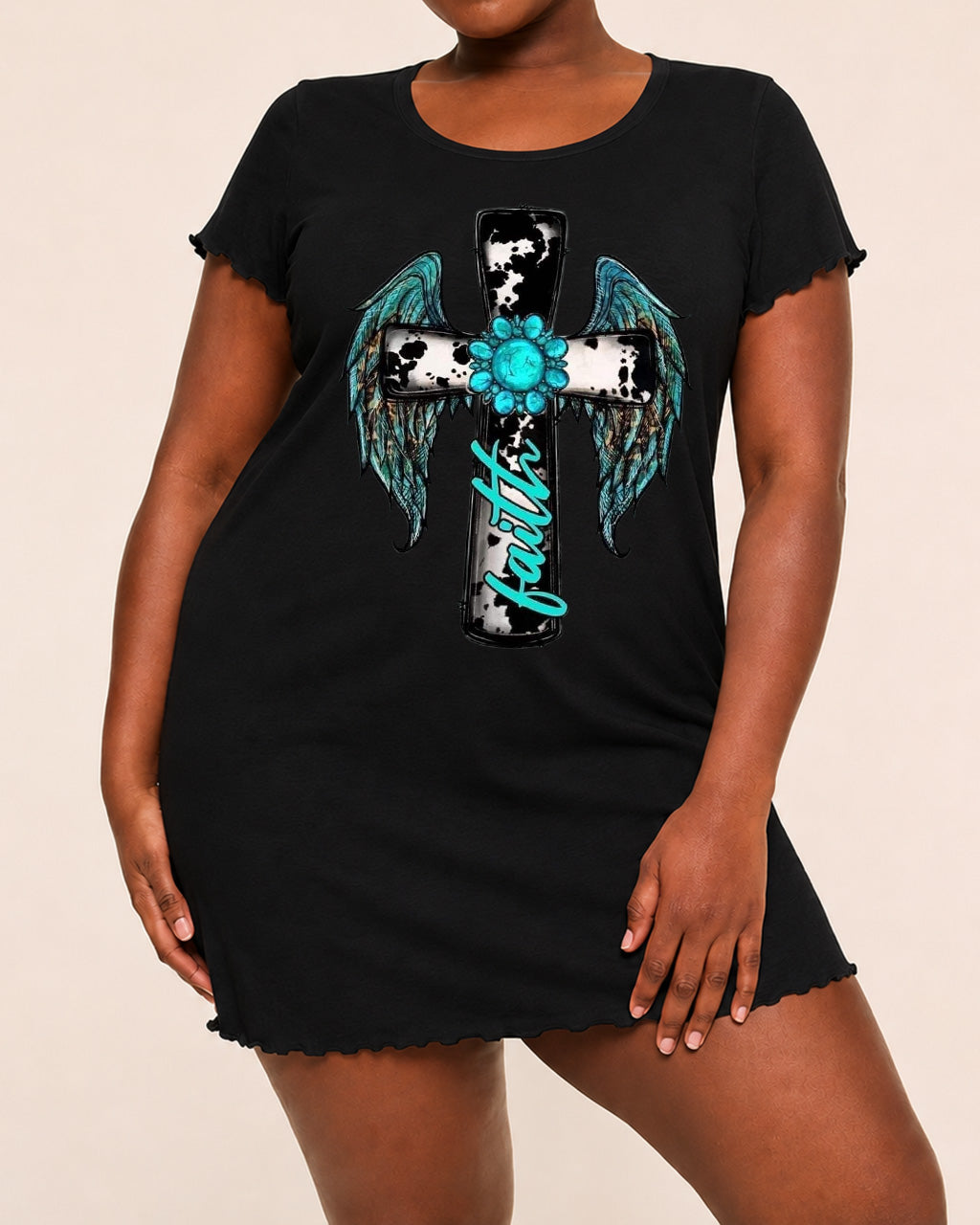 Cow Print Turquoise Wing "Faith" Cross Print Nightdress (XS-5XL) OMFORT