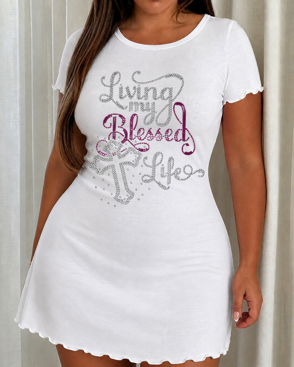Rhinestone Cross "Living My Blessed Life" Letter Print Nightdress (XS-5XL) OMFORT