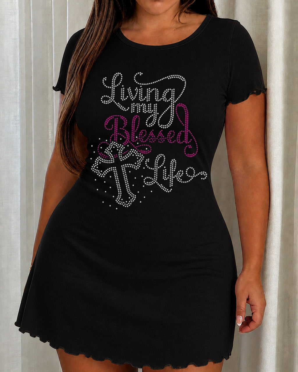 Rhinestone Cross "Living My Blessed Life" Letter Print Nightdress (XS-5XL) OMFORT