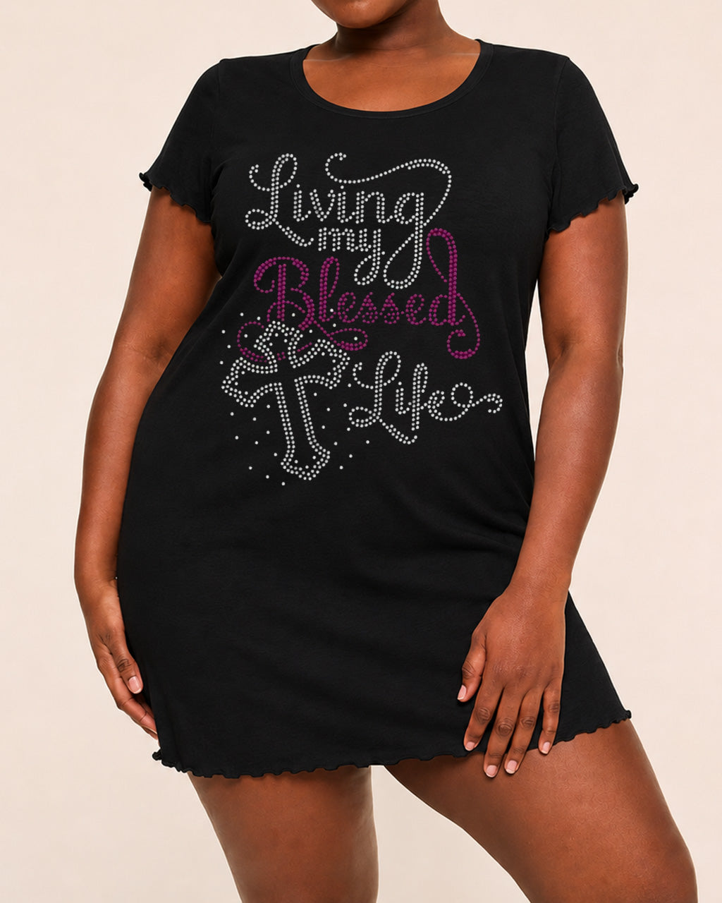 Rhinestone Cross "Living My Blessed Life" Letter Print Nightdress (XS-5XL) OMFORT