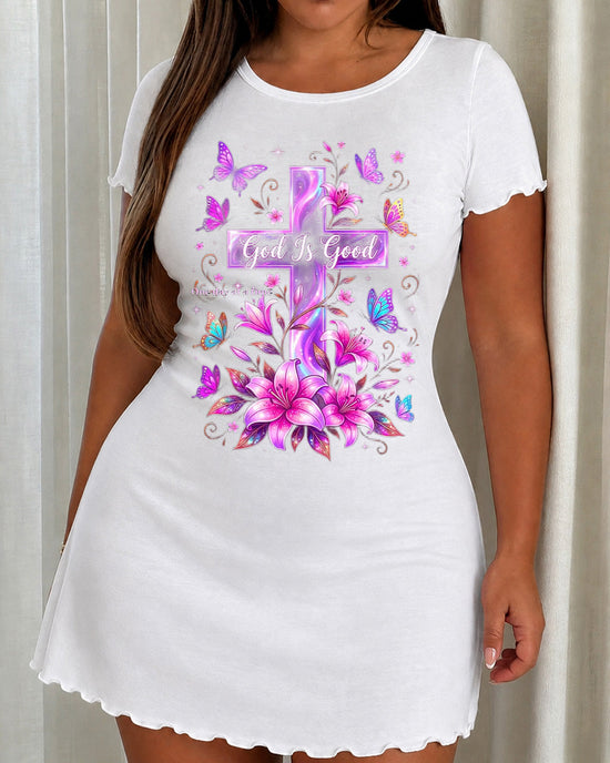 Purple Lily Butterfly "God Is Good" Cross Print Nightdress (XS-5XL) OMFORT