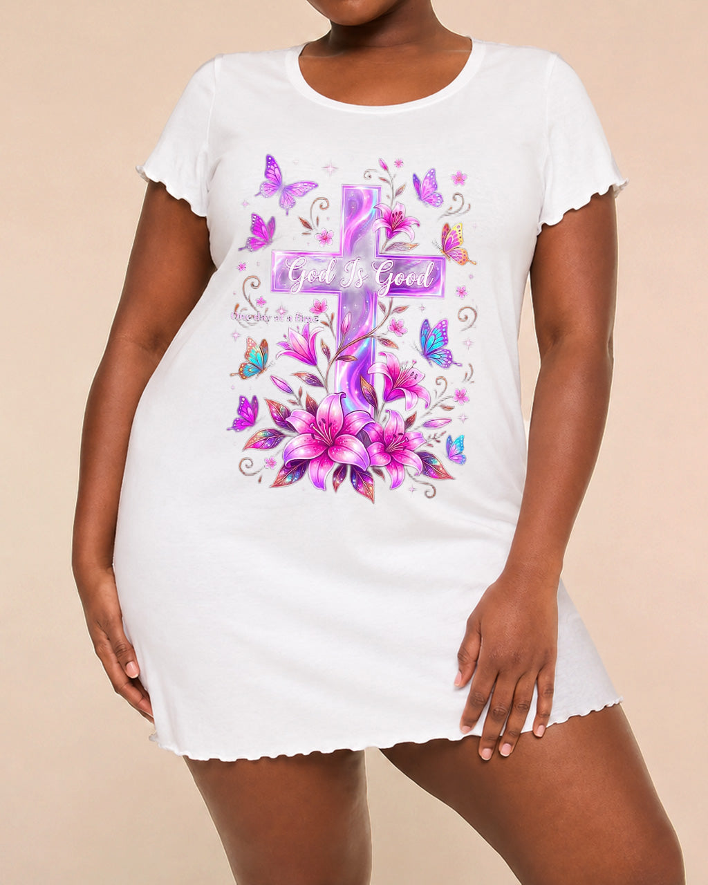 Purple Lily Butterfly "God Is Good" Cross Print Nightdress (XS-5XL) OMFORT