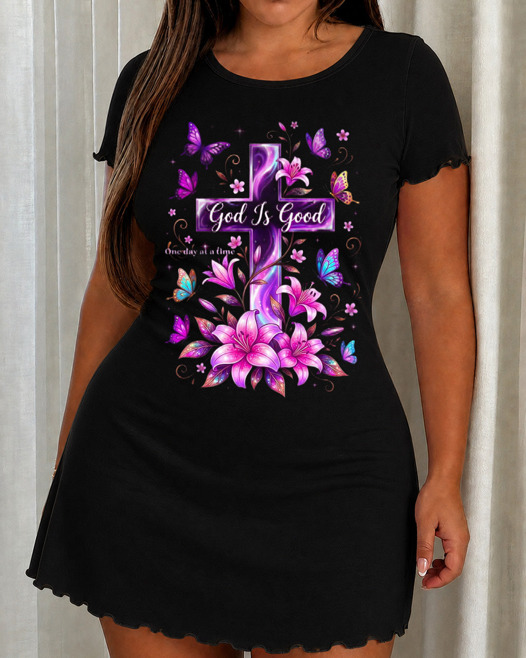 Purple Lily Butterfly "God Is Good" Cross Print Nightdress (XS-5XL) OMFORT