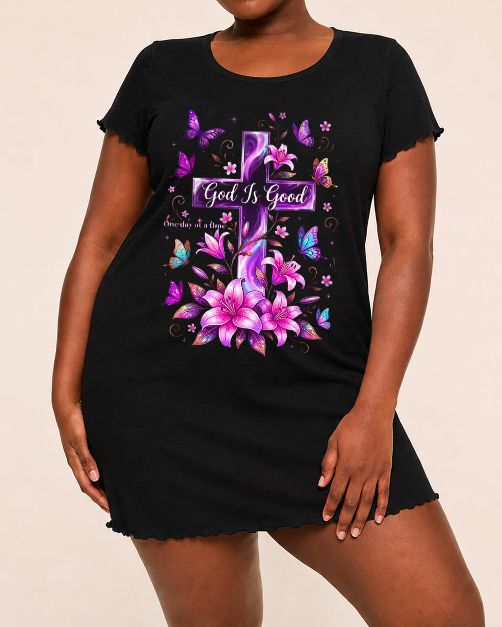 Purple Lily Butterfly "God Is Good" Cross Print Nightdress (XS-5XL) OMFORT