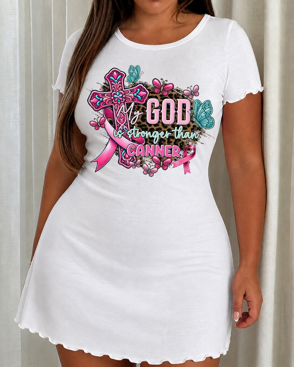 Pink Ribbon Butterfly "My God Is Stronger Than Cancer" Cross Nightdress (XS-5XL) OMFORT