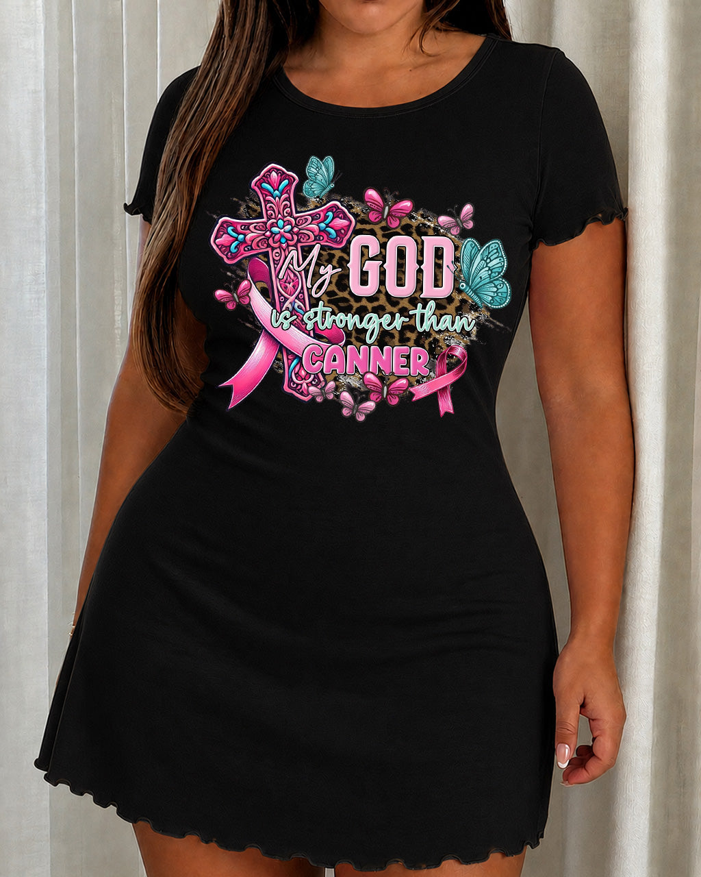 Pink Ribbon Butterfly "My God Is Stronger Than Cancer" Cross Nightdress (XS-5XL) OMFORT