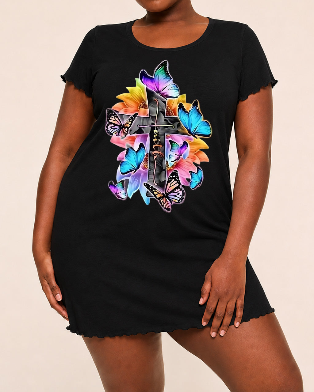 Rainbow Sunflower Faith Butterfly Cross Print Nightdress (XS-5XL) OMFORT