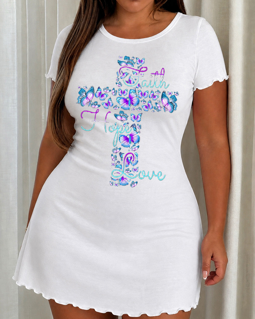 Blue Purple Butterfly "Faith Hope Love" Cross Print Nightdress (XS-5XL) OMFORT