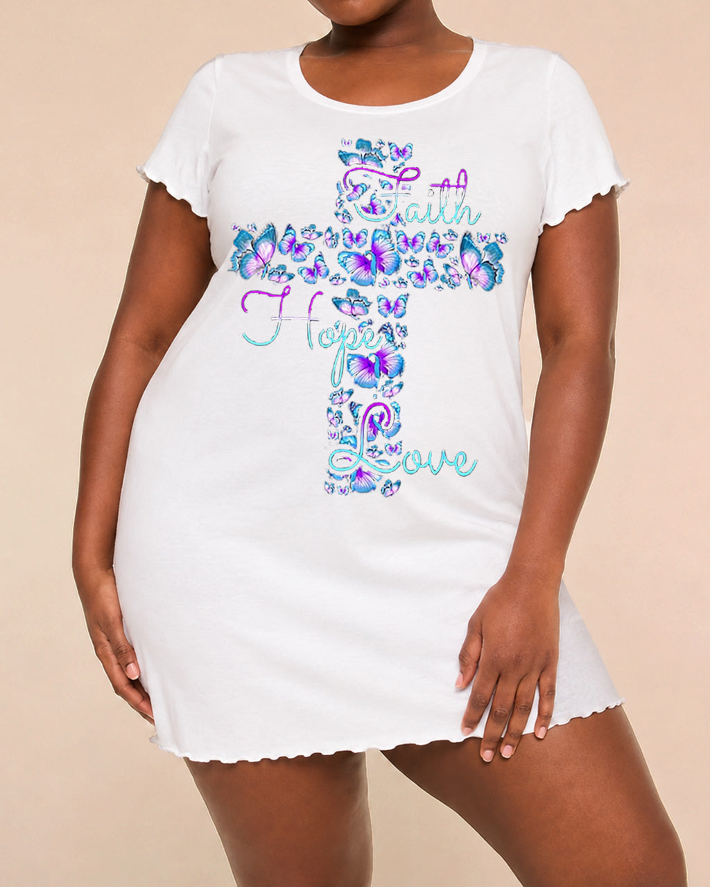 Blue Purple Butterfly "Faith Hope Love" Cross Print Nightdress (XS-5XL) OMFORT