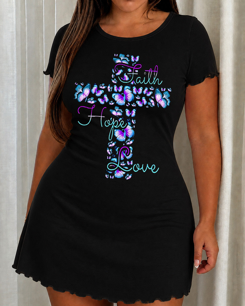 Blue Purple Butterfly "Faith Hope Love" Cross Print Nightdress (XS-5XL) OMFORT