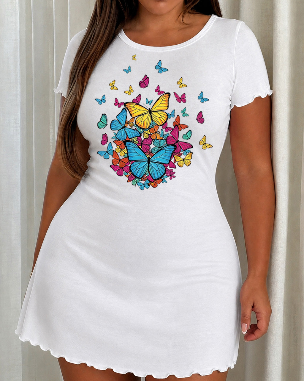 Colorful Cluster Butterfly Print Ruffle Short Sleeve Nightdress (XS-5XL) OMFORT