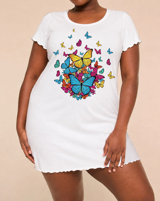 Colorful Cluster Butterfly Print Ruffle Short Sleeve Nightdress (XS-5XL) OMFORT